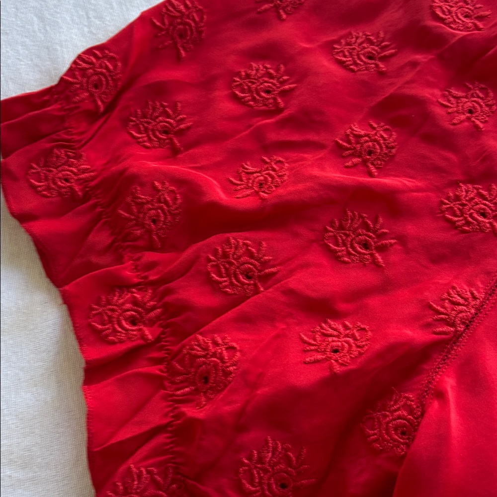 THE GREAT. Vibrant Red Silk Embroidered Floral Design Peasant Short Sleeve Top - Picture 7 of 12